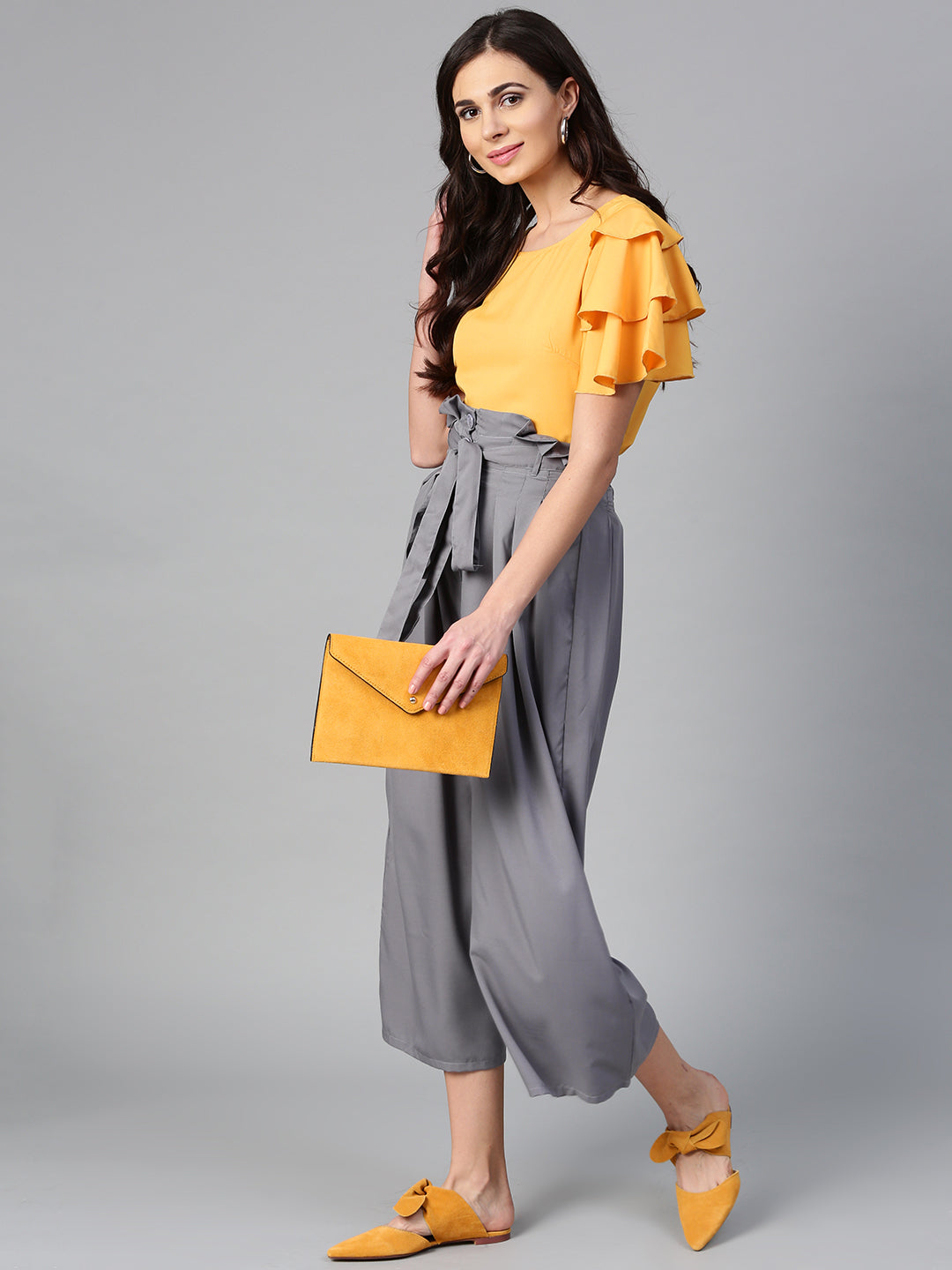 Mustard Layered Top & Grey Trouser Set (Sku-BLMG7825).