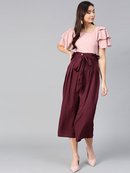 Peach Layered Top & Burgundy Trouser Set (Sku- BLMG7827).