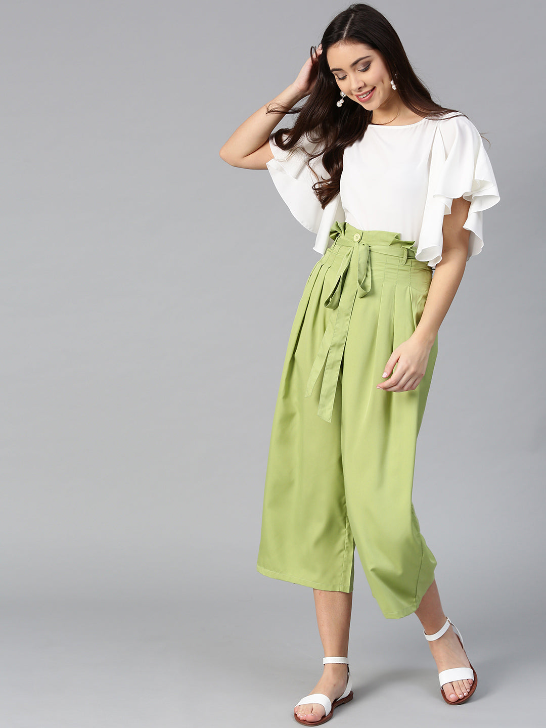 Bitterlime off white flared ruffle top trouser set