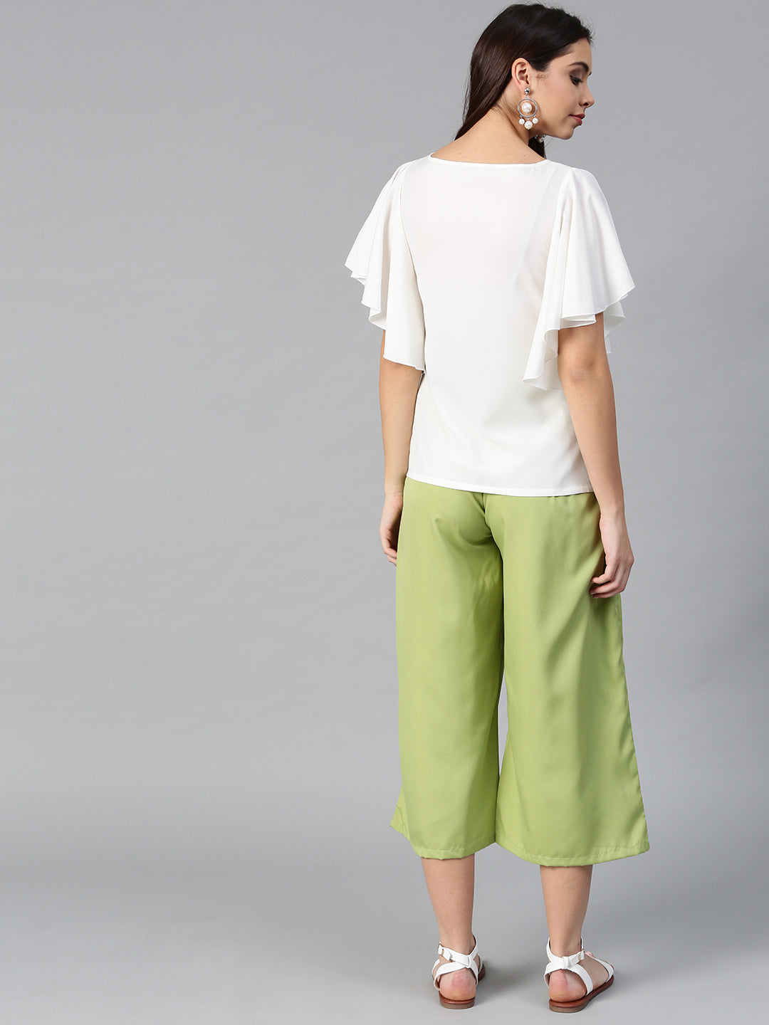 Bitterlime off white flared ruffle top trouser set