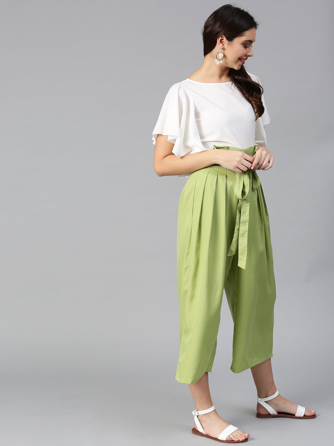 Bitterlime off white flared ruffle top trouser set