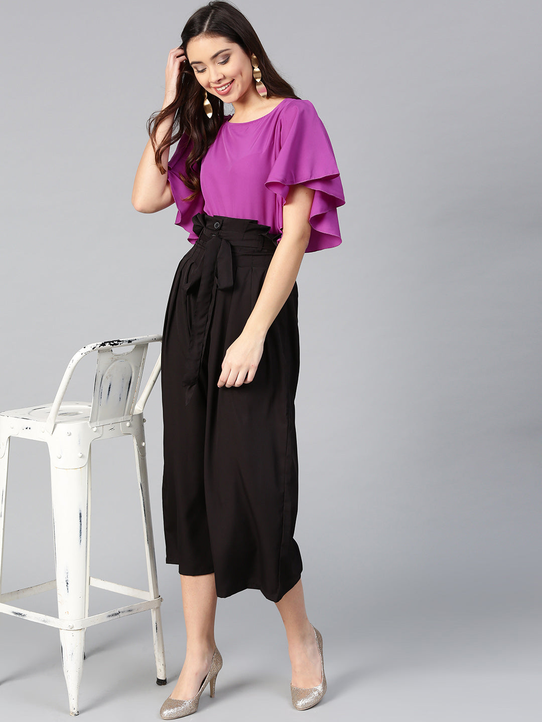 Buy BInfinite Pink Crepe Blossom Ruffle Sleeve Crop Top And Trouser Set  Online  Aza Fashions