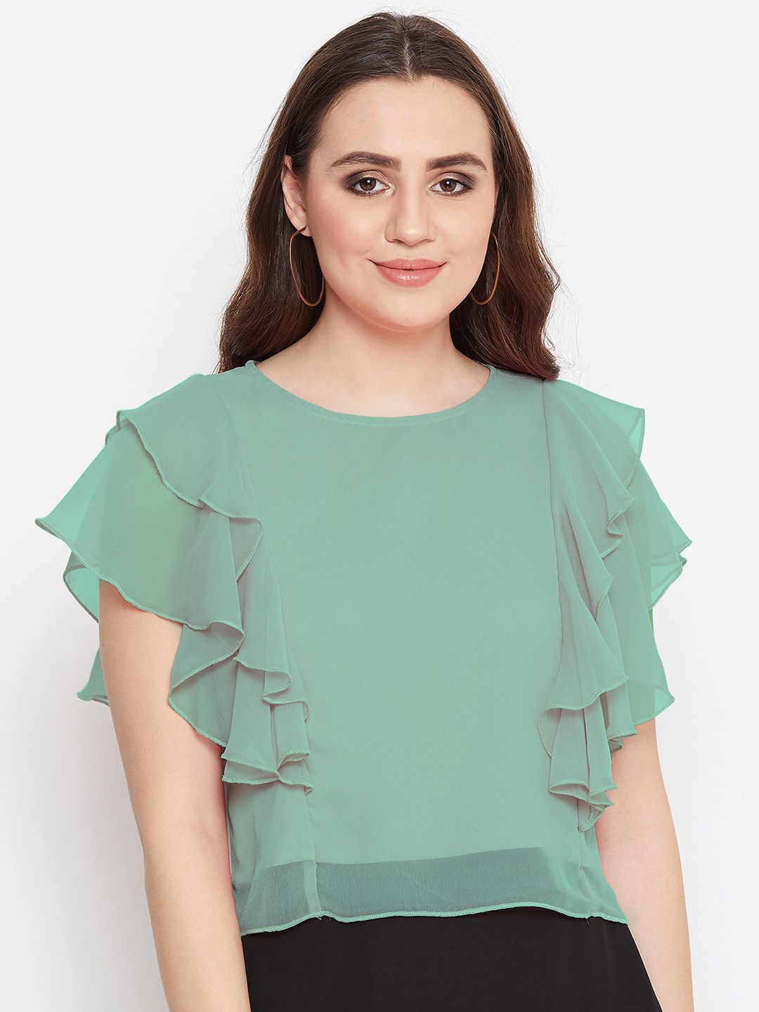 Casual Layered Solid Women Green Top