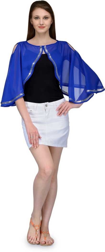 Casual Cape Sleeves Embellished Women Blue Top.