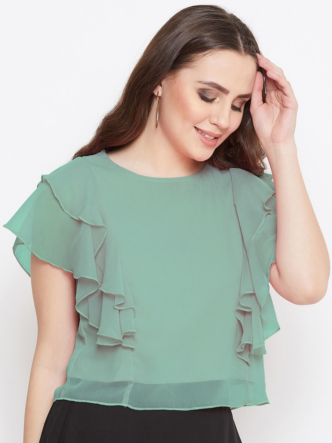 Casual Layered Solid Women Green Top